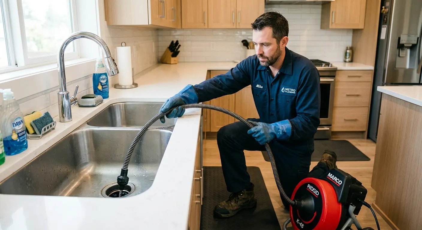 Drain cleaning technician using a motorized snake on a kitchen sink in Anderson