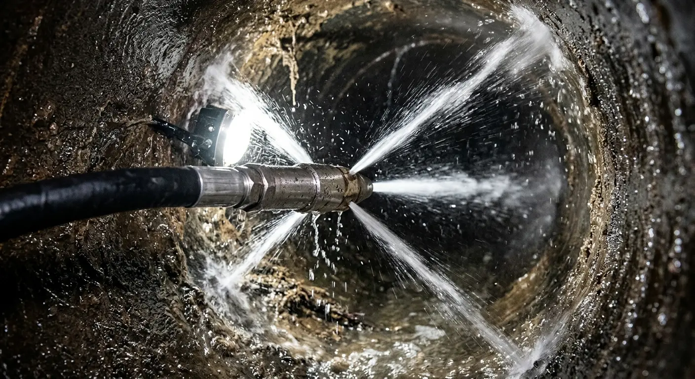 High-pressure hydro jetting nozzle cleaning sewer pipe for Emergency Drain Service in Anderson