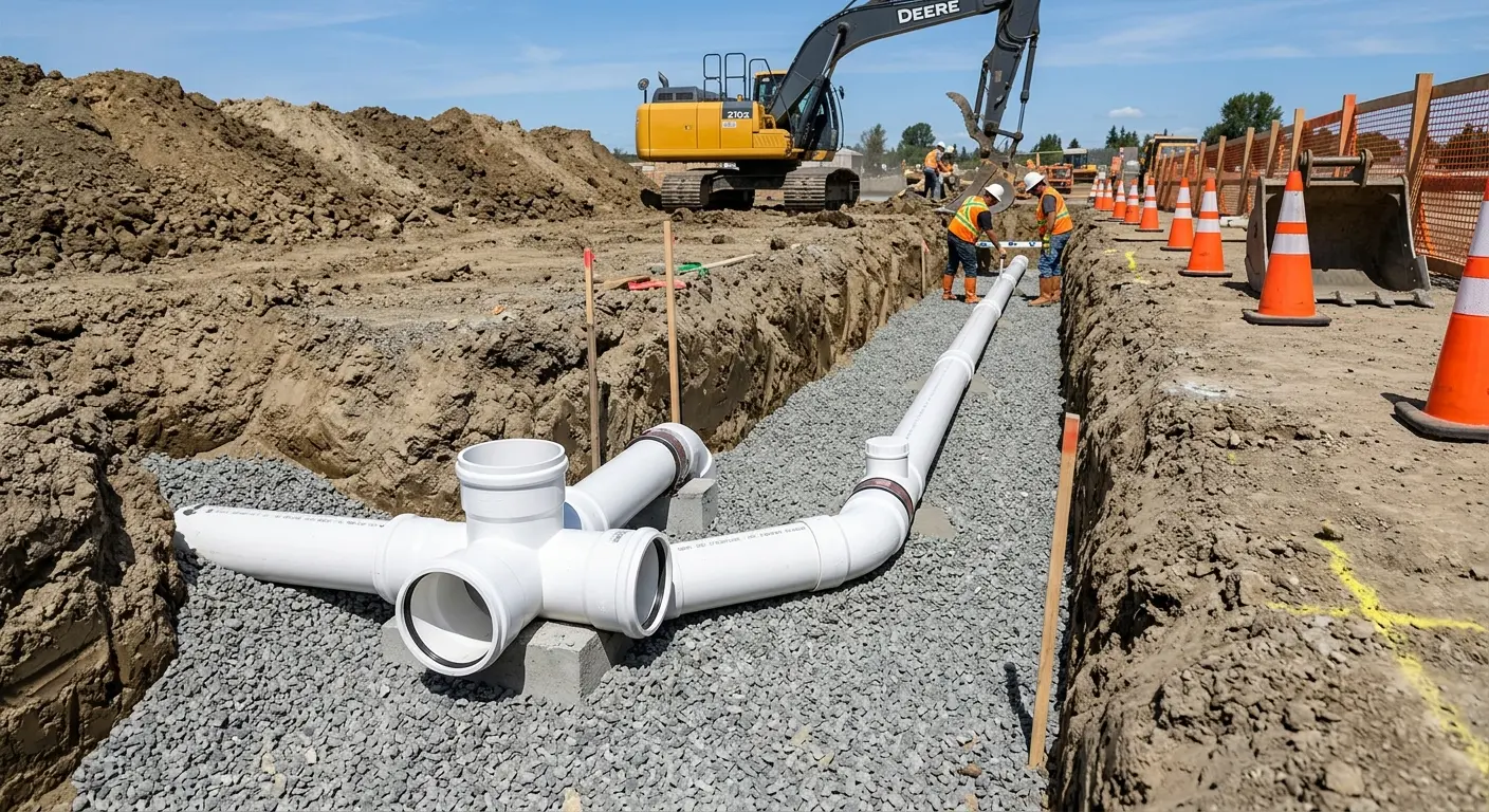 New PVC sewer pipe installation in open trench for Commercial Drain Cleaning in Anderson