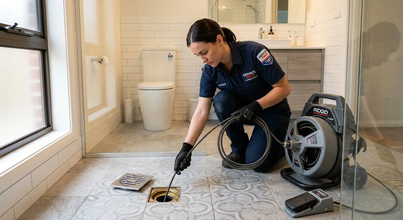 Technician clearing a bathroom floor drain for Drain Repair in Anderson
